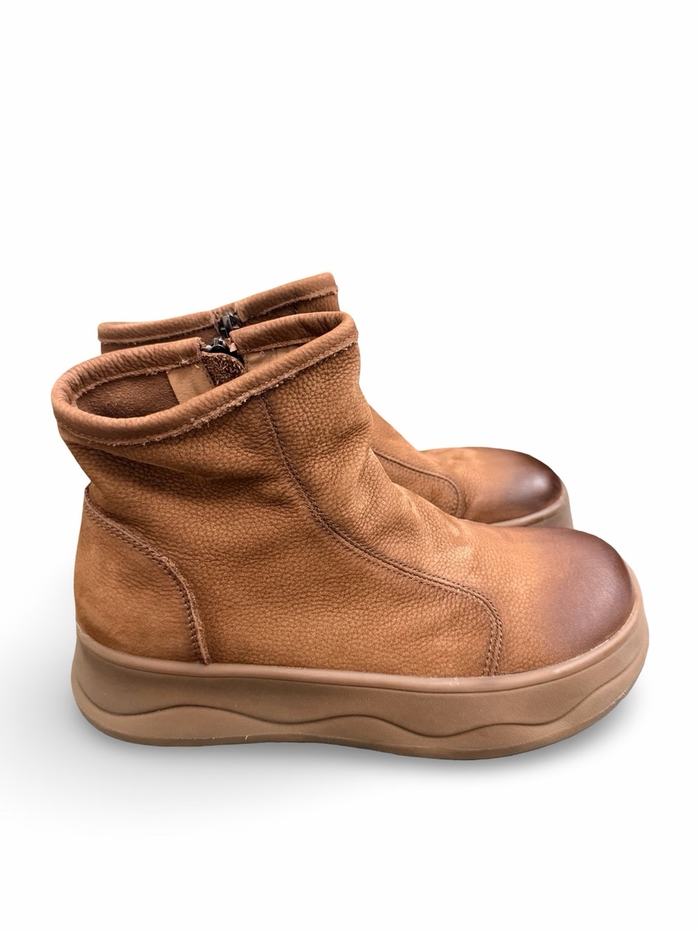 ARTMU Genuine Leather Ankle Boots Retro Wavy Platform Thick Sole Brown NWOB
